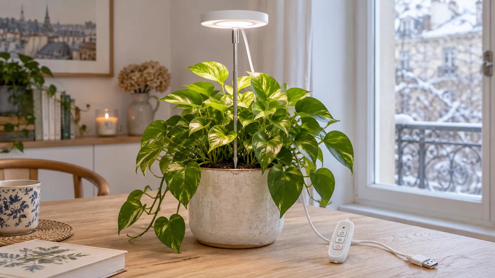Pothos en pot éclairé par une lampe horticole à anneau plat au bout d'un piquet télescopique planté dans le terreau, salon d'appartement en fin de journée