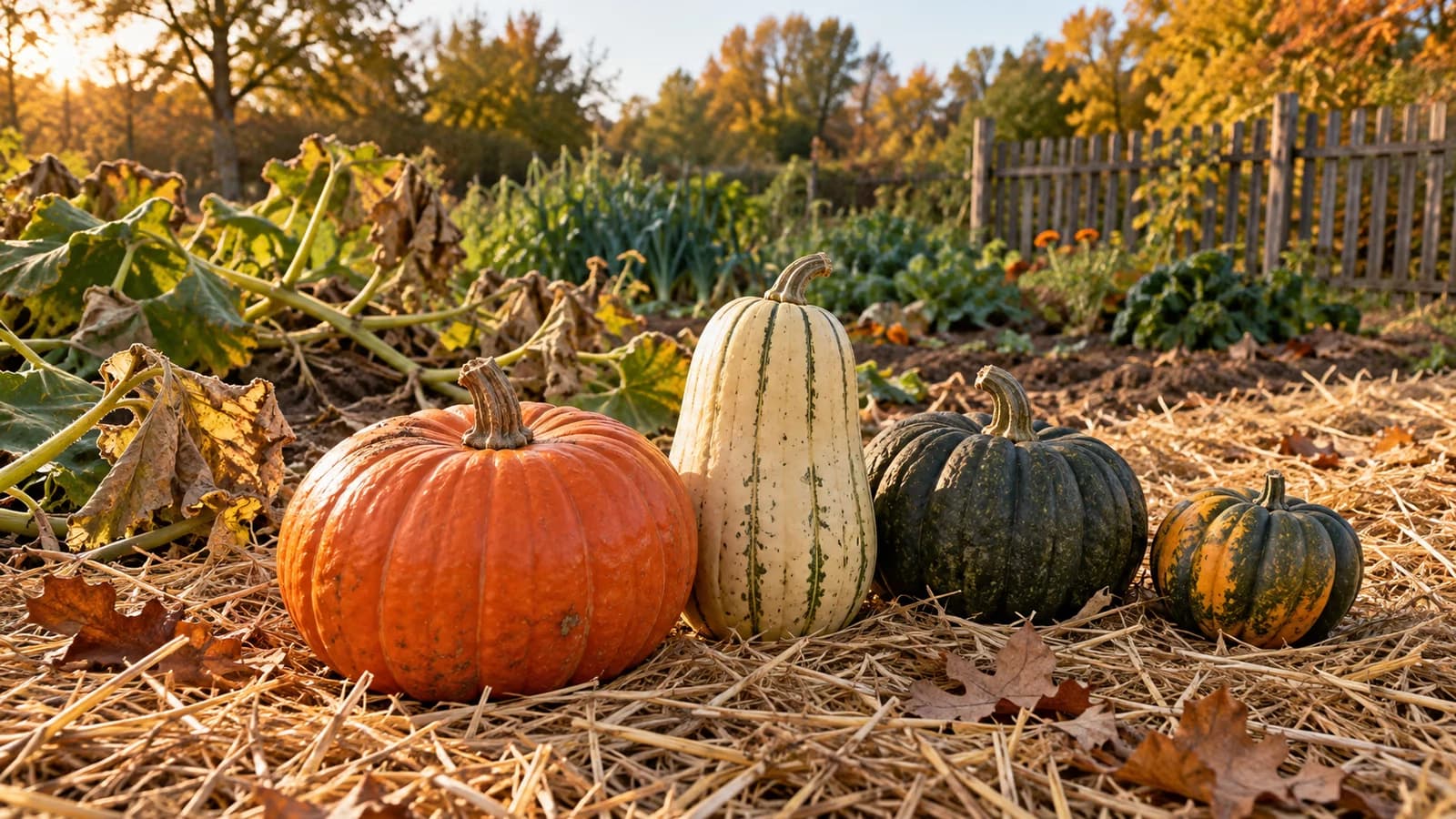 Courges et citrouilles de formes variées alignées sur la paille au bout d'un potager, lumière rasante d'octobre