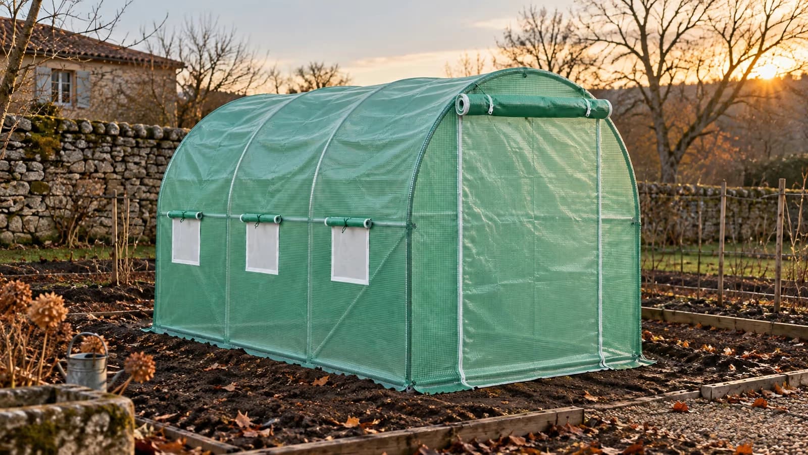 Serre tunnel de marche à cadre acier galvanisé dans un potager français en novembre, bâche verte tendue sous une lumière basse