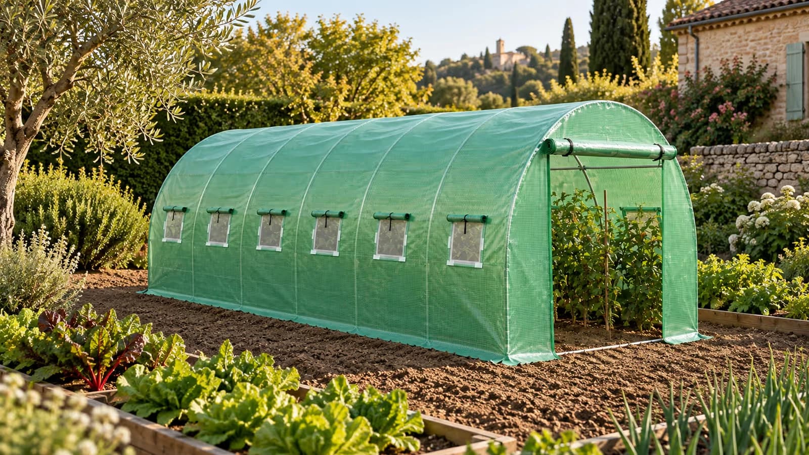 Couverture de serre tunnel en polyéthylène vert déroulée sur une armature métallique, dans un potager en fin d'été