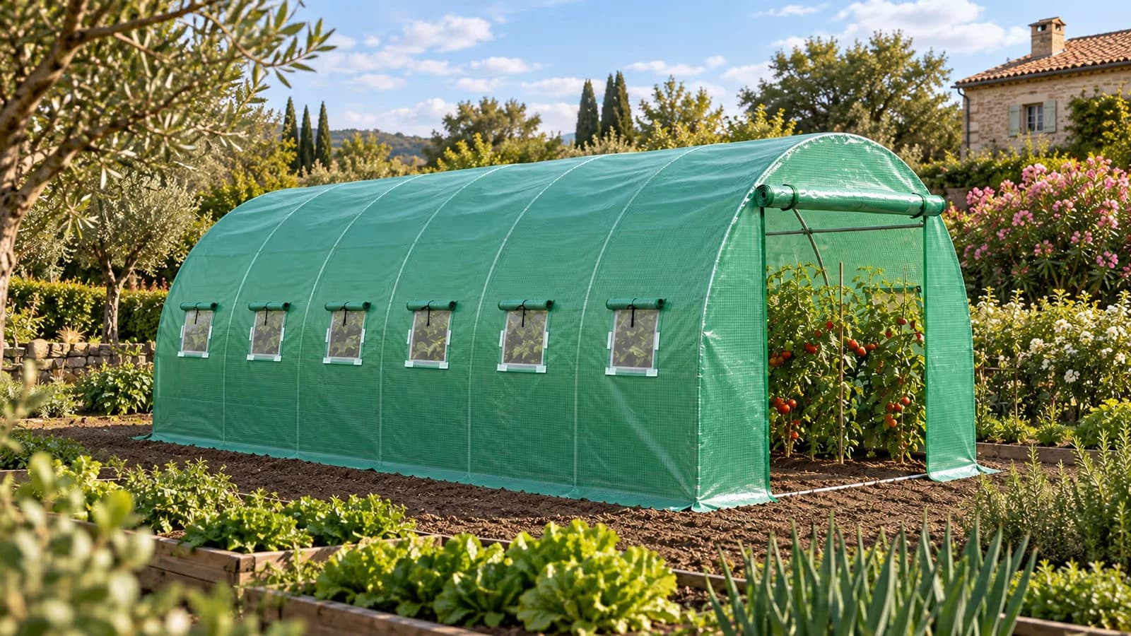 Serre tunnel de potager couverte d'une housse verte translucide, porte enroulable ouverte sur un ciel de fin d'été