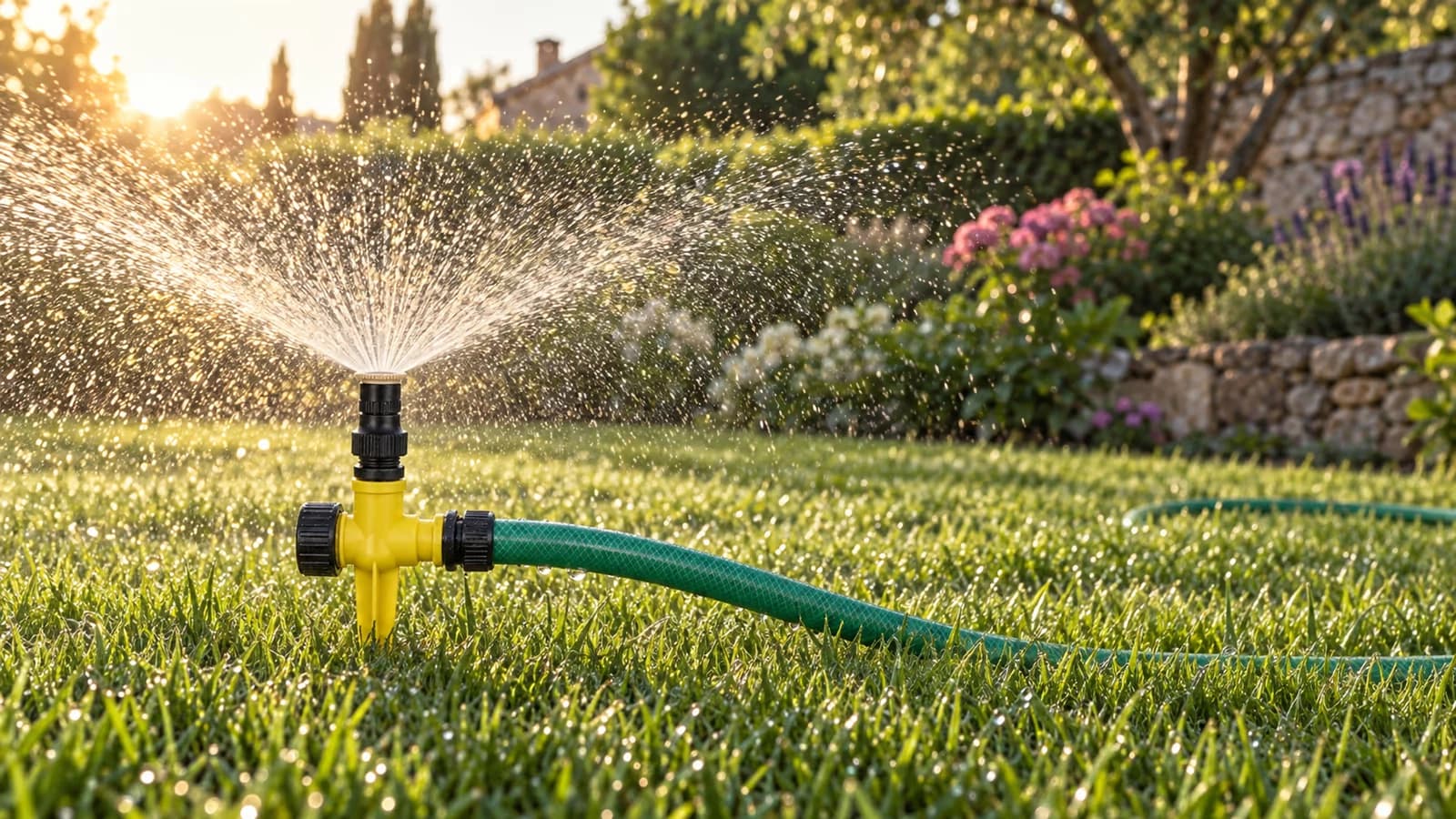 Arroseur rotatif jaune monté sur son piquet au milieu d'une pelouse humide au lever du jour, jet d'eau en éventail