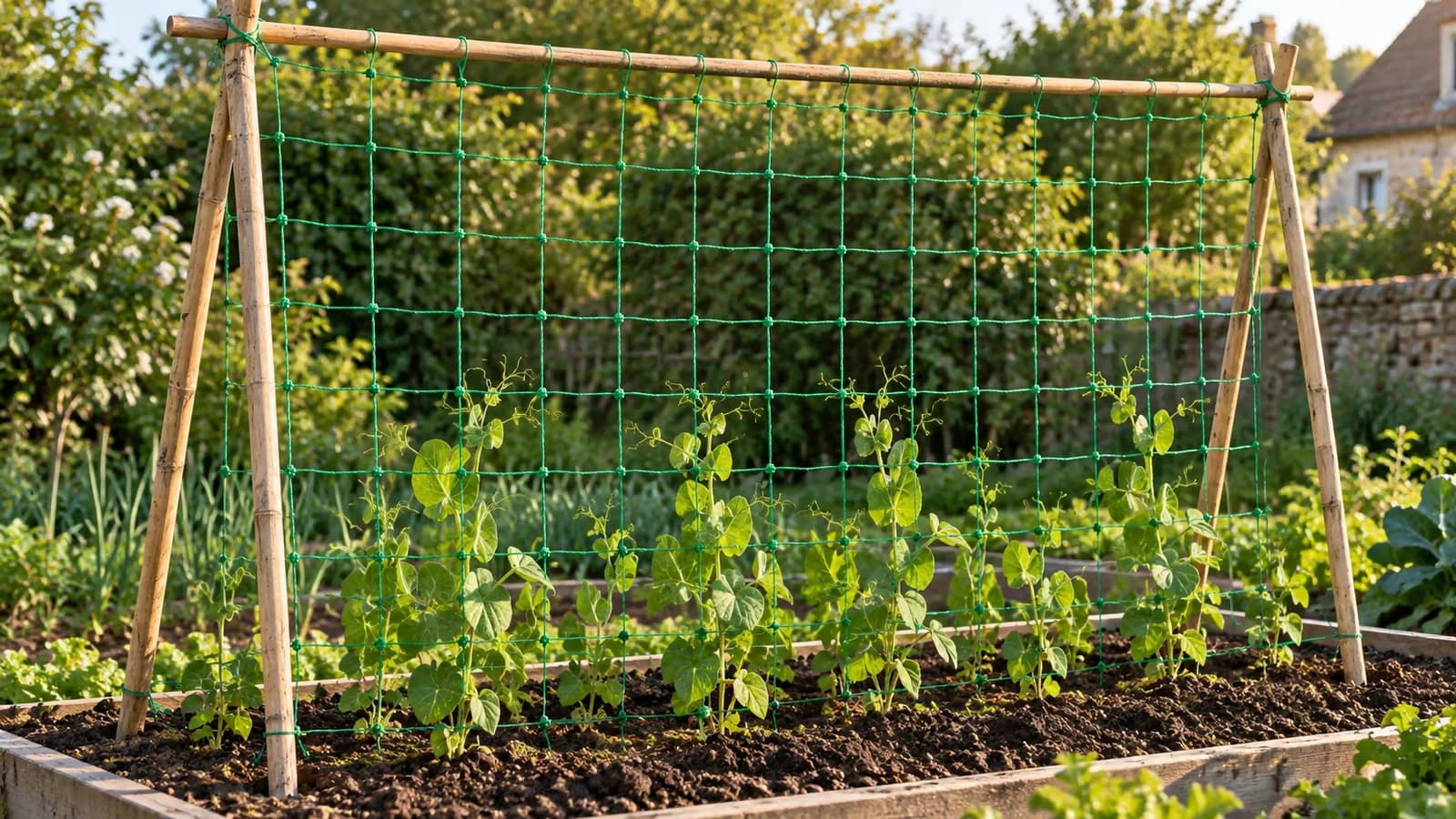 Filet vert à maille carrée tendu entre deux piquets au-dessus d'une planche de haricots au potager, lumière de fin d'après-midi