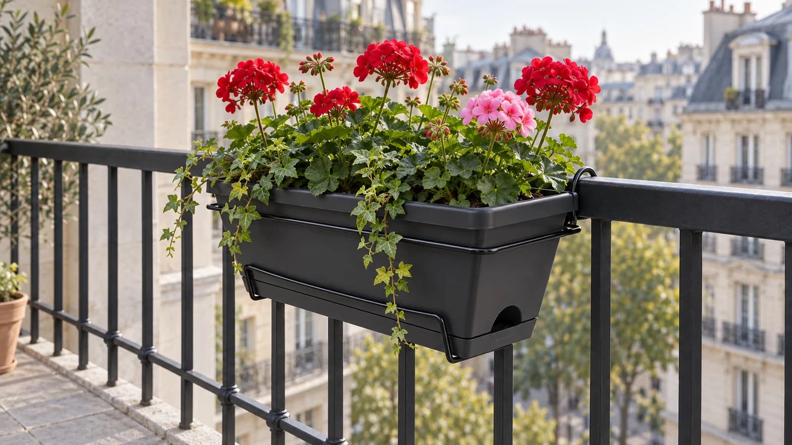 Jardinière noire posée dans son support filaire sur la rambarde d'un balcon, géraniums rouges et façades claires en arrière-plan