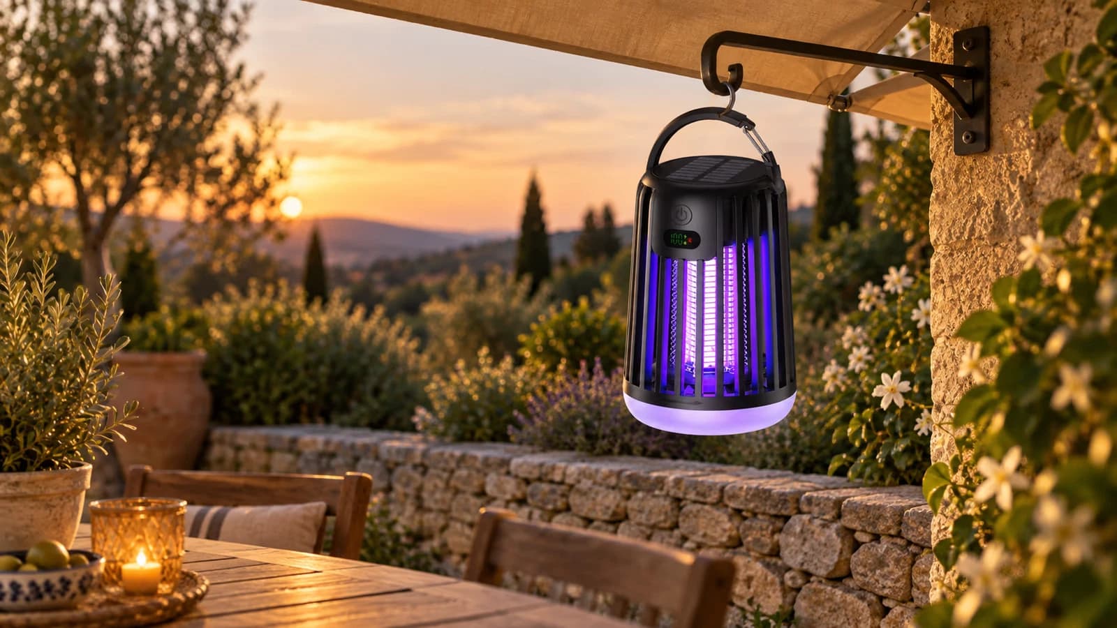 Lampe anti moustique rechargeable suspendue à un crochet d'auvent au-dessus d'un muret, grille visible, en fin de journée