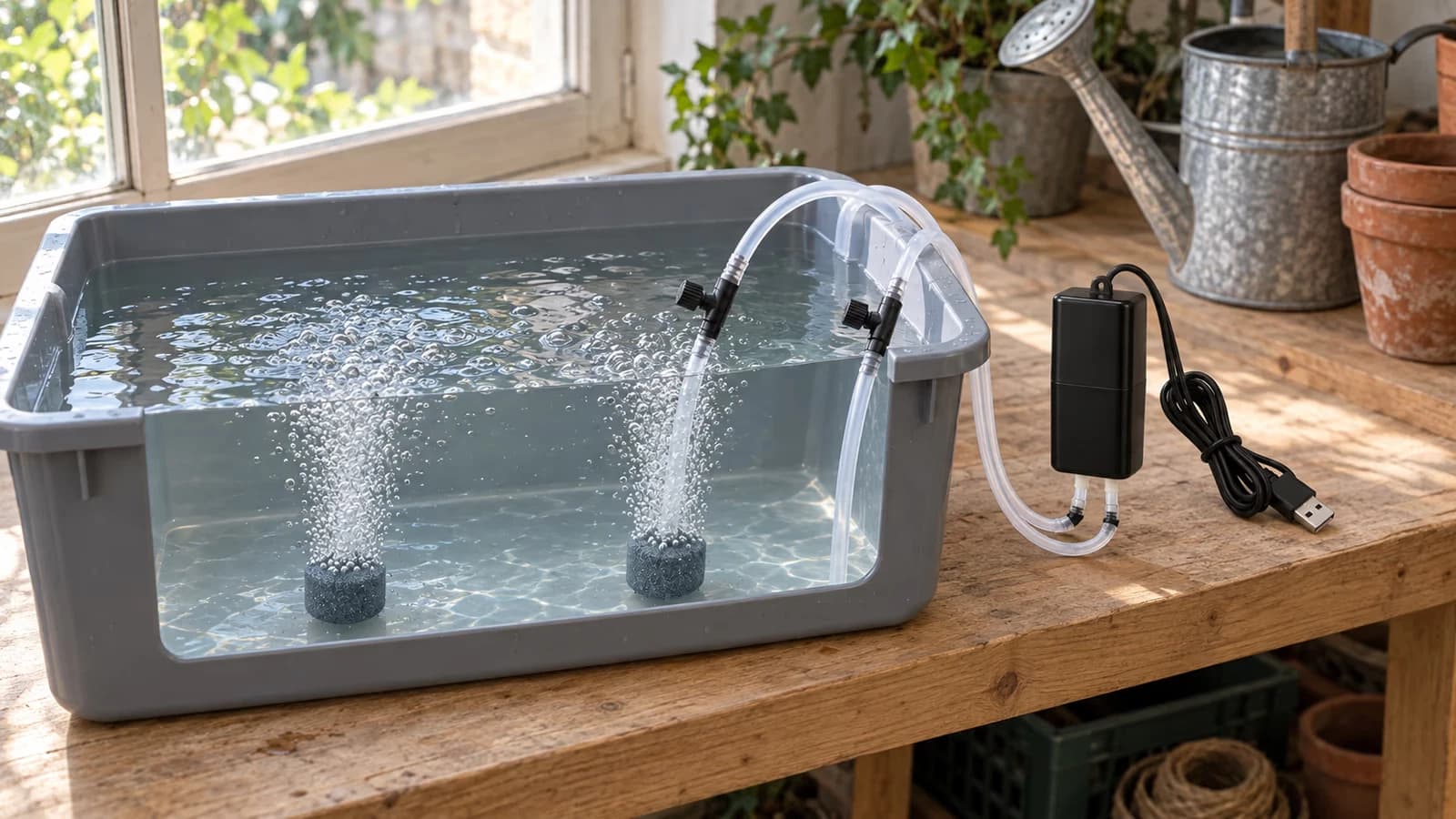 Réserve de culture hydroponique posée sur une étagère fixe, boîtier d'aération noir à côté et deux tuyaux souples descendant dans l'eau