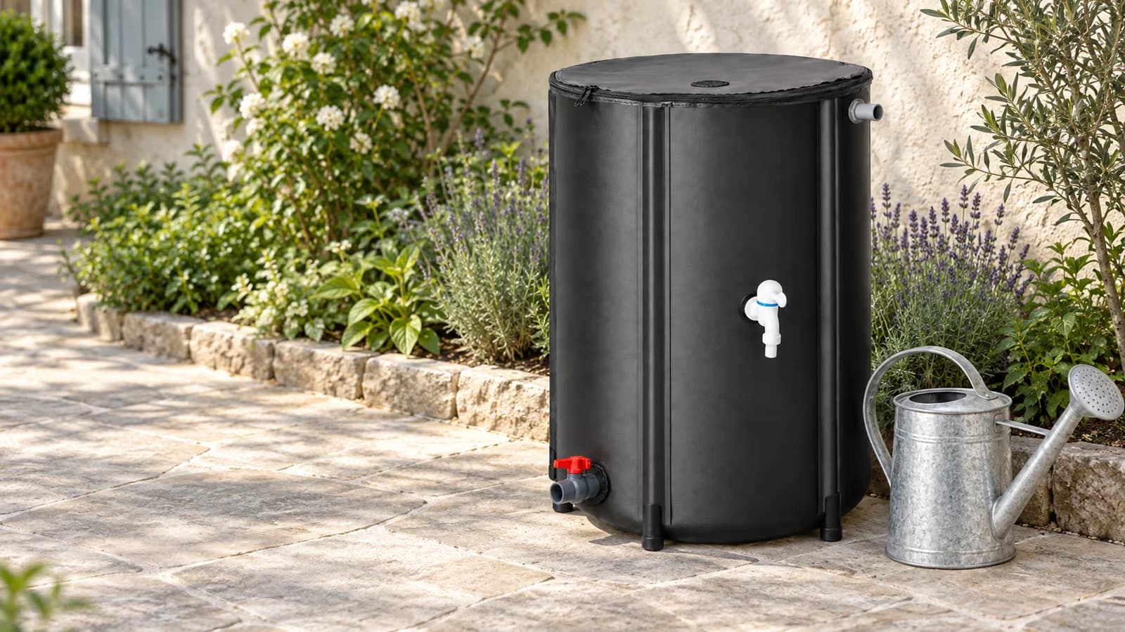Récupérateur d'eau de pluie souple noir de 100 litres monté sur une terrasse, quatre tubes rigides en place, arrosoir à côté