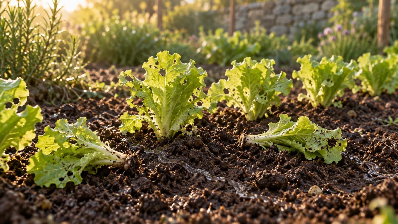 Rang de jeunes salades au potager au lever du jour, deux plants couchés au sol, feuilles trouées et terre humide striée de traînées brillantes