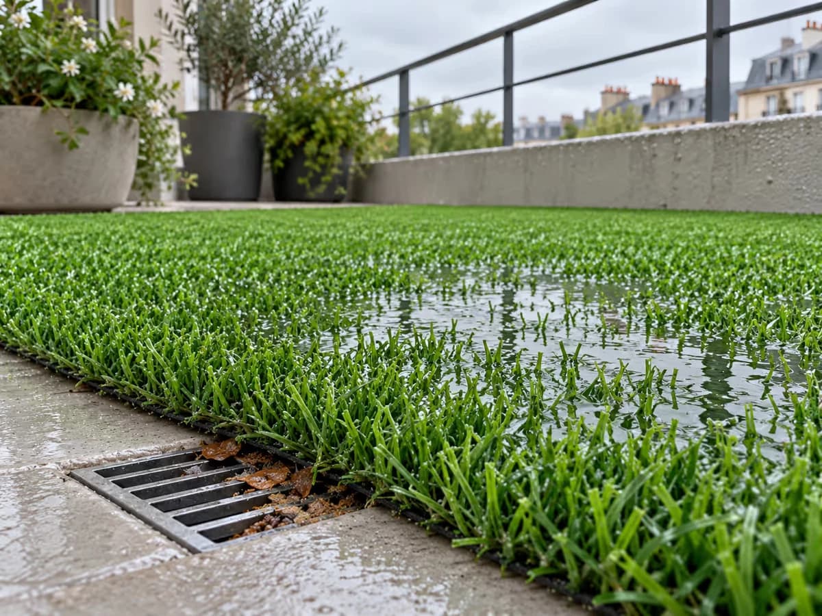 Eau retenue sur un gazon artificiel posé sur une dalle de balcon, à l'angle bas près de la grille d'évacuation