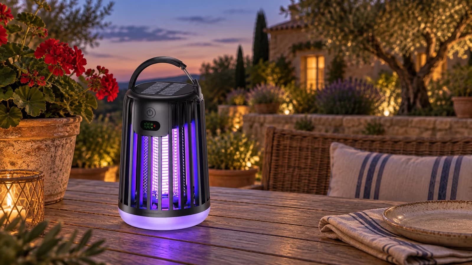 Lampe anti-moustique rechargeable posée sur une table de jardin en bois au crépuscule, près d'un pot de géranium