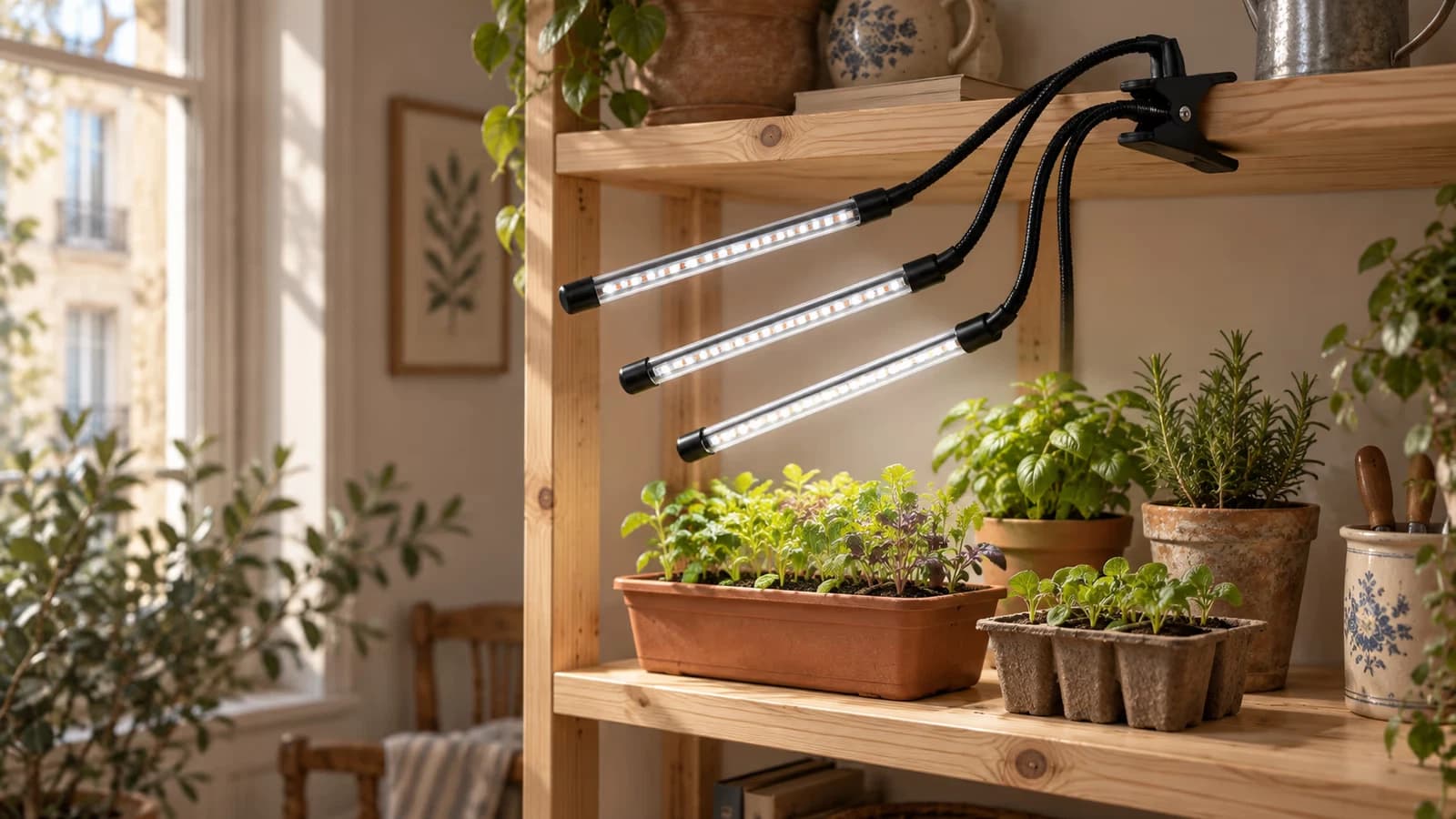 Lampe horticole à pince refermée sur la tablette d'une étagère en bois, trois tubes inclinés au-dessus de godets de semis