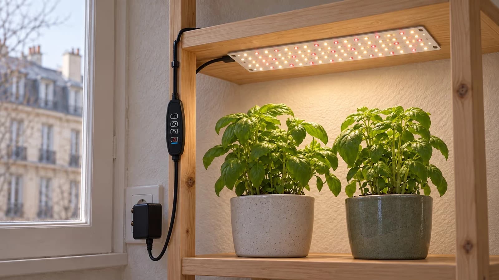 Étagère en bois garnie de plantes vertes éclairée par une réglette plate sous la tablette du haut, fin d'après-midi d'hiver
