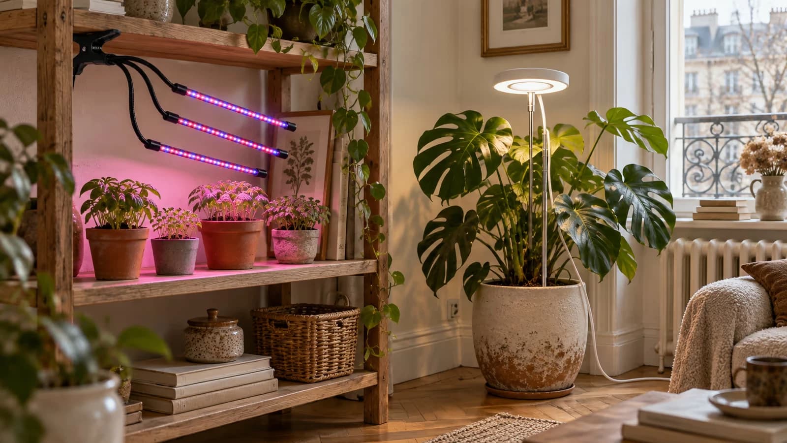 Deux lampes horticoles côte à côte, une pince refermée sur la tablette d'une étagère et un piquet planté dans un pot posé au sol