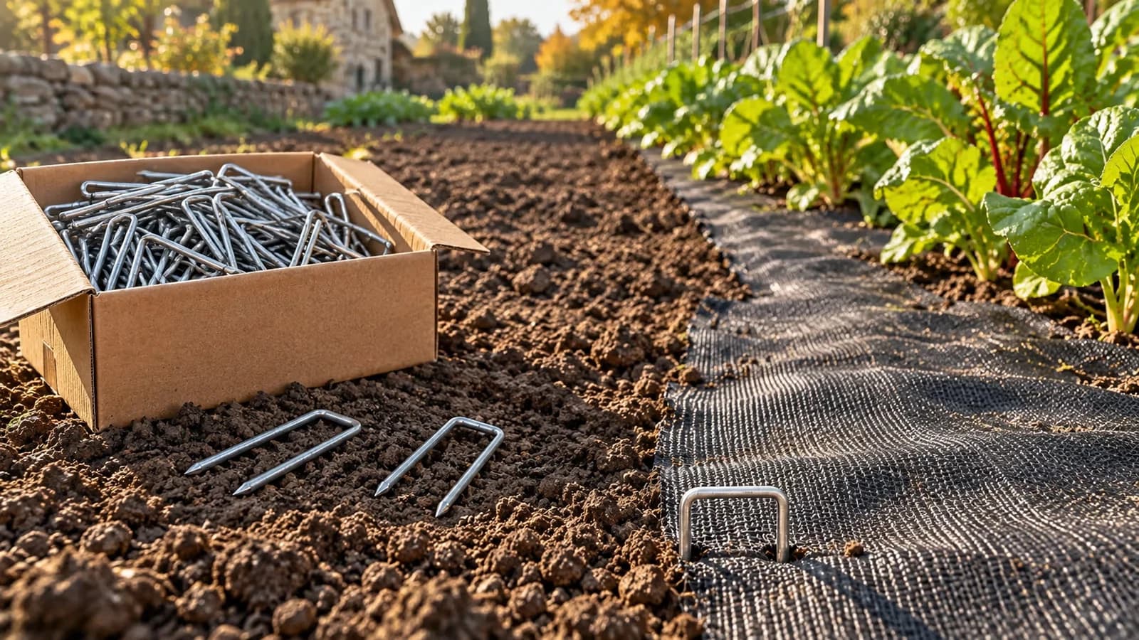 Carton ouvert d'agrafes en U posé au bord d'un rang de potager couvert d'une toile de paillage noire, matin d'automne