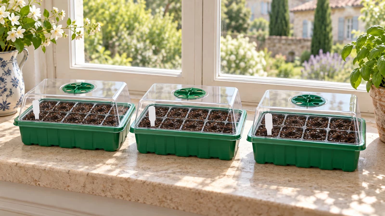 Trois mini serres à dôme transparent alignées sur un rebord de fenêtre lumineux, plateaux verts et étiquettes blanches enfoncées dans le terreau