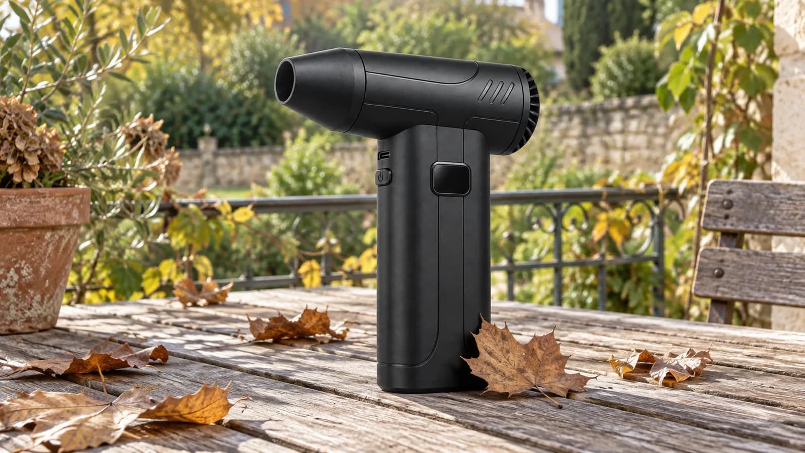 Mini souffleur de feuilles rechargeable noir mat posé sur une table de balcon en bois, feuilles mortes autour
