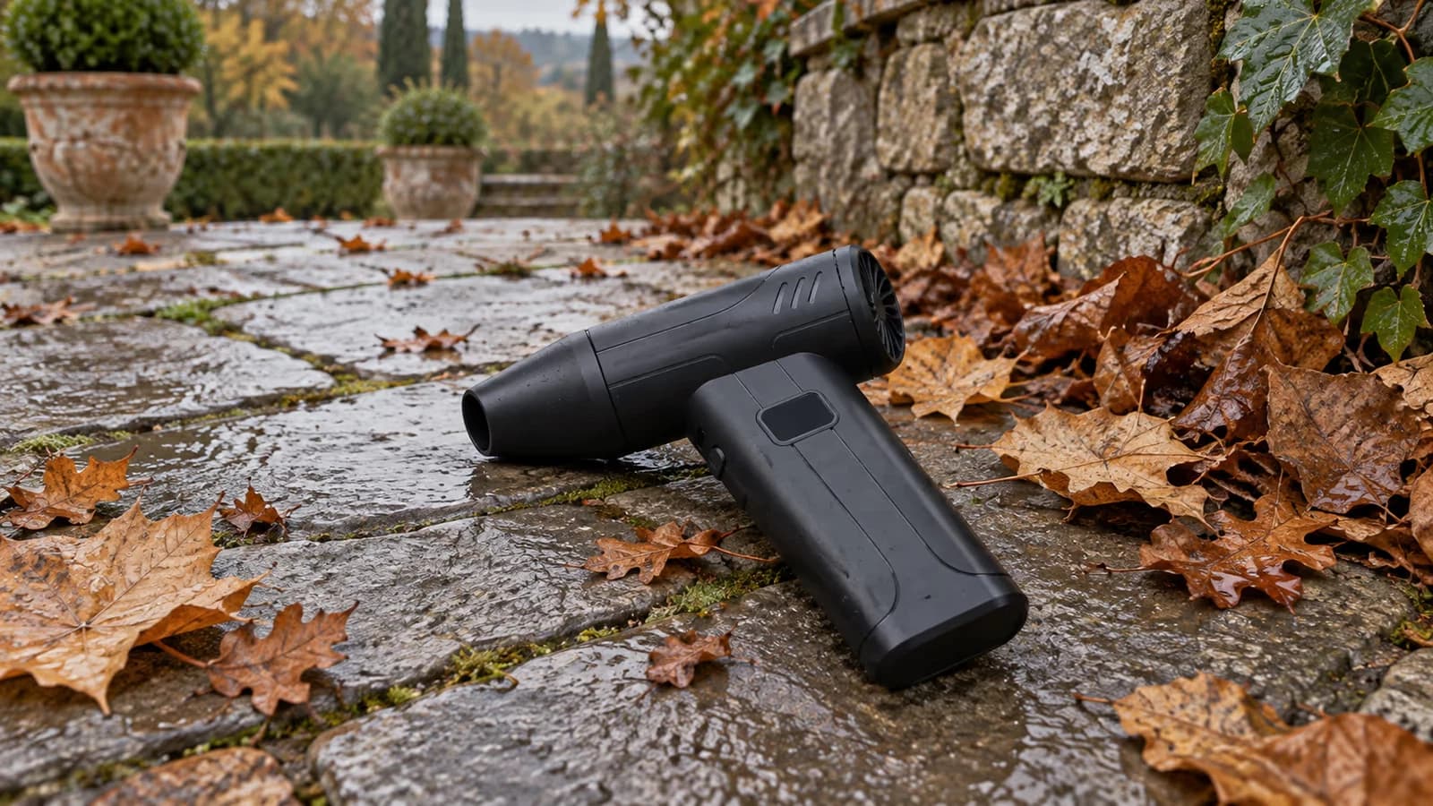 Mini souffleur rechargeable noir posé sur des dalles de terrasse, feuilles mortes éparses et petit tas contre un muret