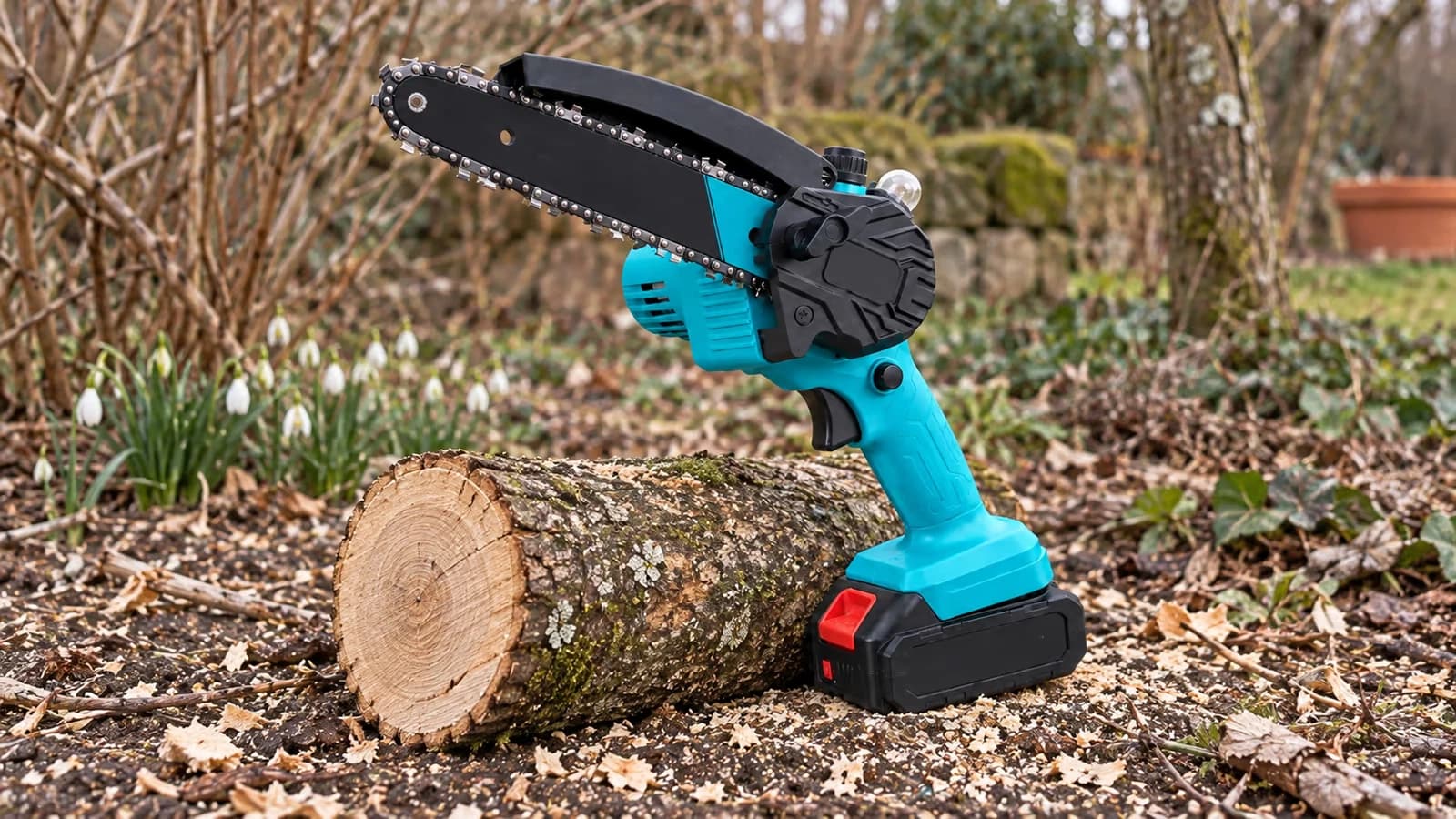 Mini tronçonneuse à batterie bleu canard posée sur une bûche fraîchement coupée, copeaux au sol