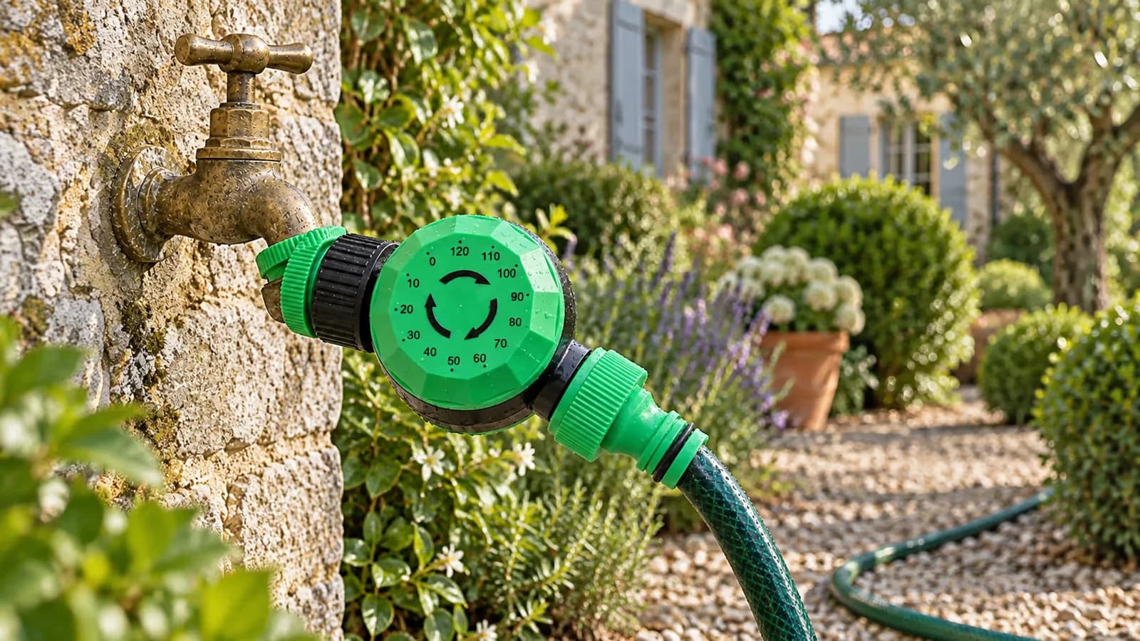 Minuteur d'arrosage mécanique vissé sur un robinet extérieur, cadran gradué visible, tuyau vert branché