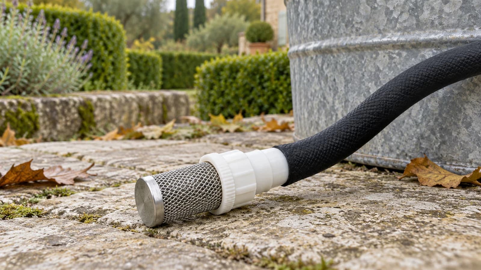 Crépine à tamis inox de 24 mm engagée au bout d'un tuyau souple d'arrosage, corps en ABS et queue cannelée visibles