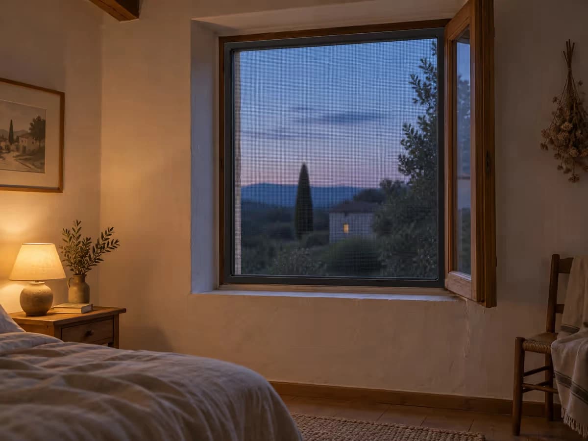 Fenêtre de chambre ouverte derrière un panneau de tulle maillé tendu sur son cadre, lumière de fin de soirée dans la pièce