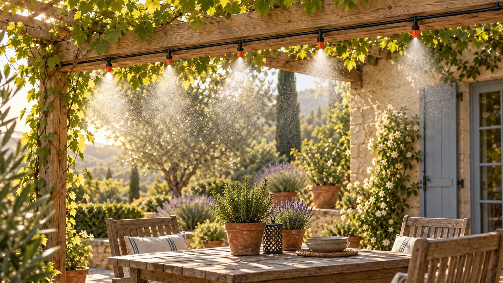 Ligne de brumisation de 5 m fixée sous une pergola de terrasse, cinq buses orange en fonctionnement, fin d'après-midi d'été