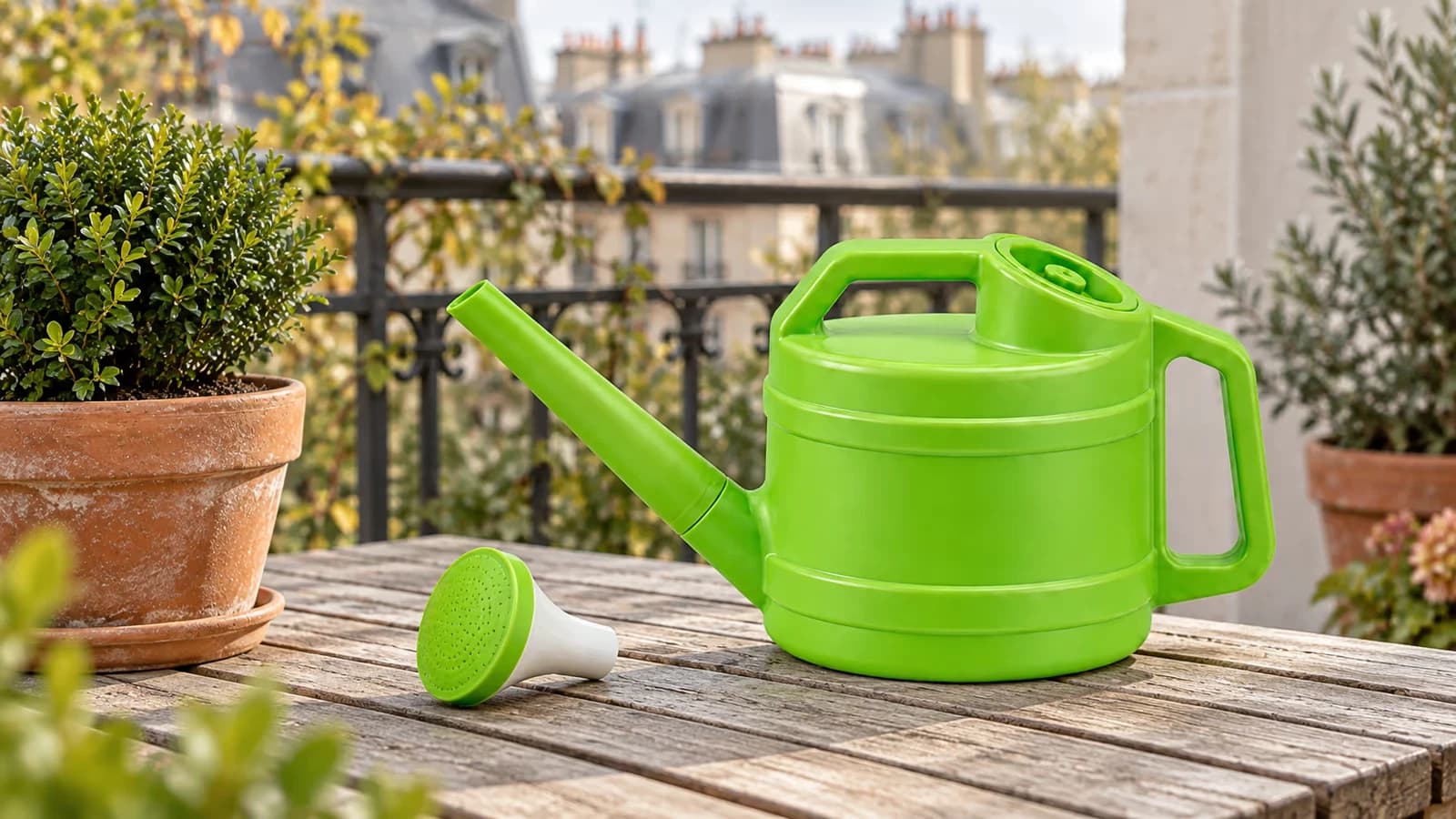 Arrosoir vert à long bec posé sur une table de balcon, sa pomme amovible détachée à côté de lui