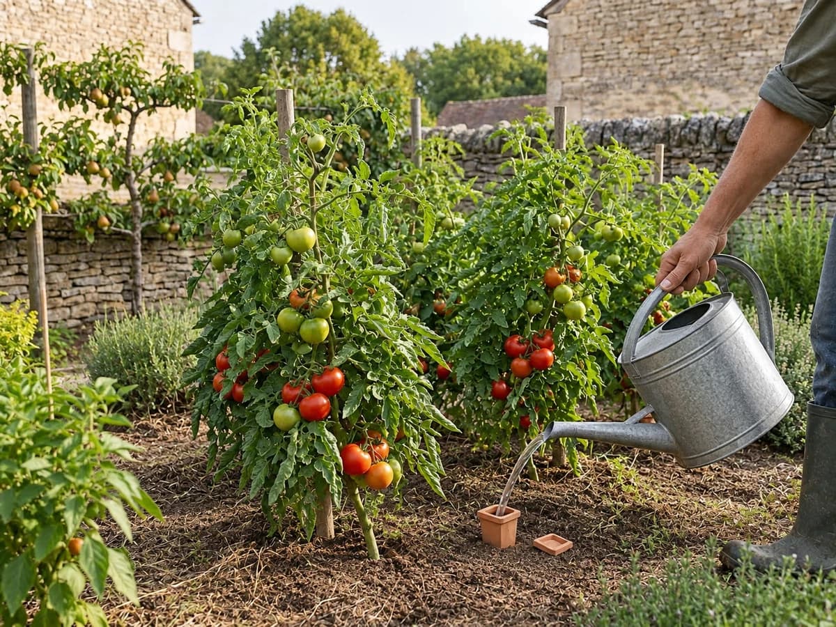 Plants de tomates vigoureux avec fruits rouges et verts en train de mûrir, le couvercle terracotta d'une oya enterree visible au pied du plant
