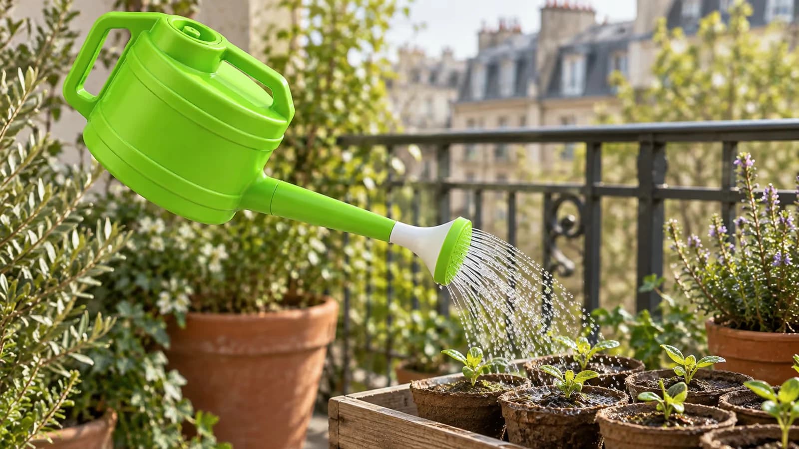 Arrosoir vert à long bec versant une pluie fine par sa pomme sur des godets de semis, lumière douce du matin