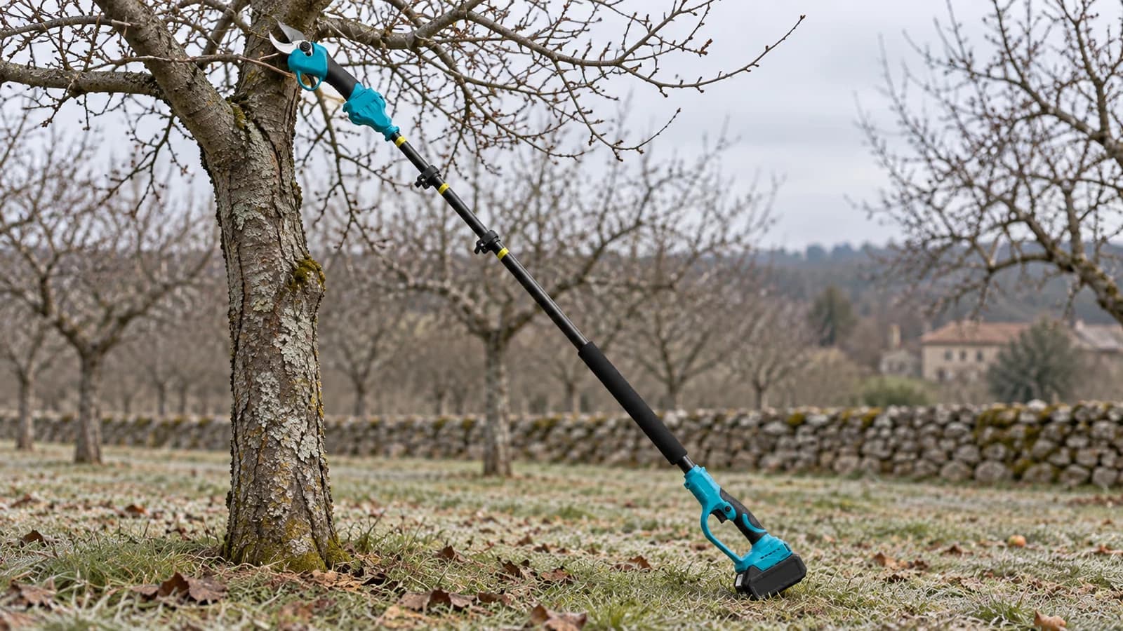Perche sécateur électrique déployée sous les branches hautes d'un pommier en hiver, deux pieds au sol