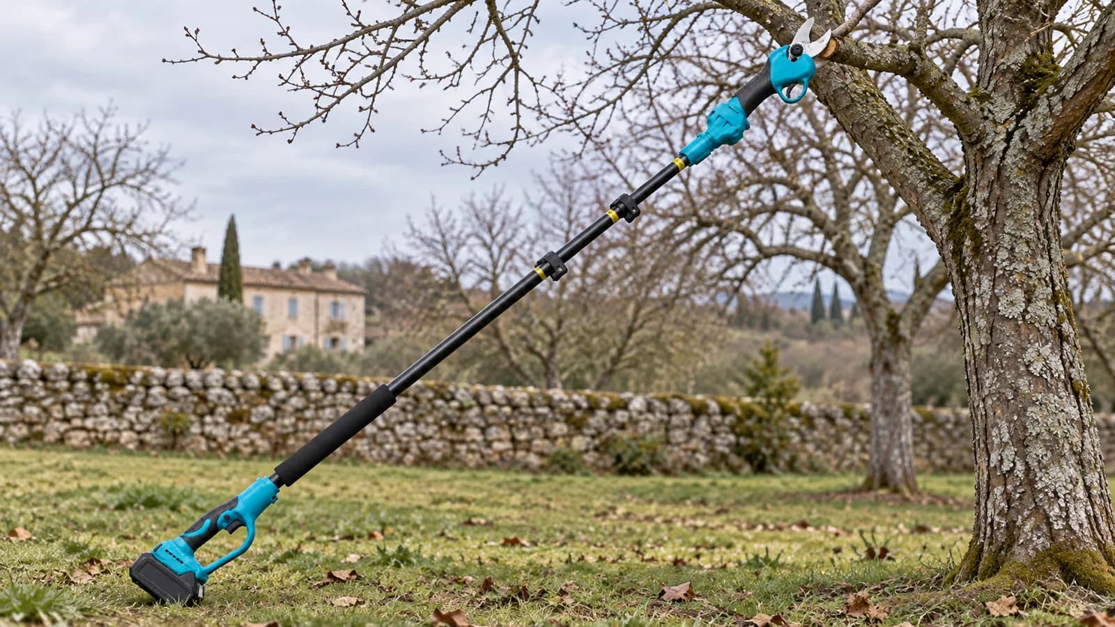 Perche de taille électrique déployée vers une branche haute de pommier en fin d'hiver, jardin derrière