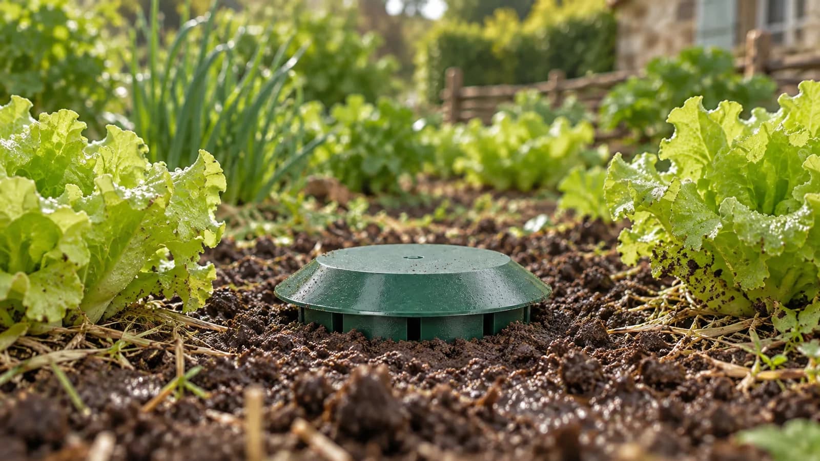 Godet à limaces vert foncé enterré au ras du sol entre deux jeunes salades, couvercle conique affleurant dans la terre humide