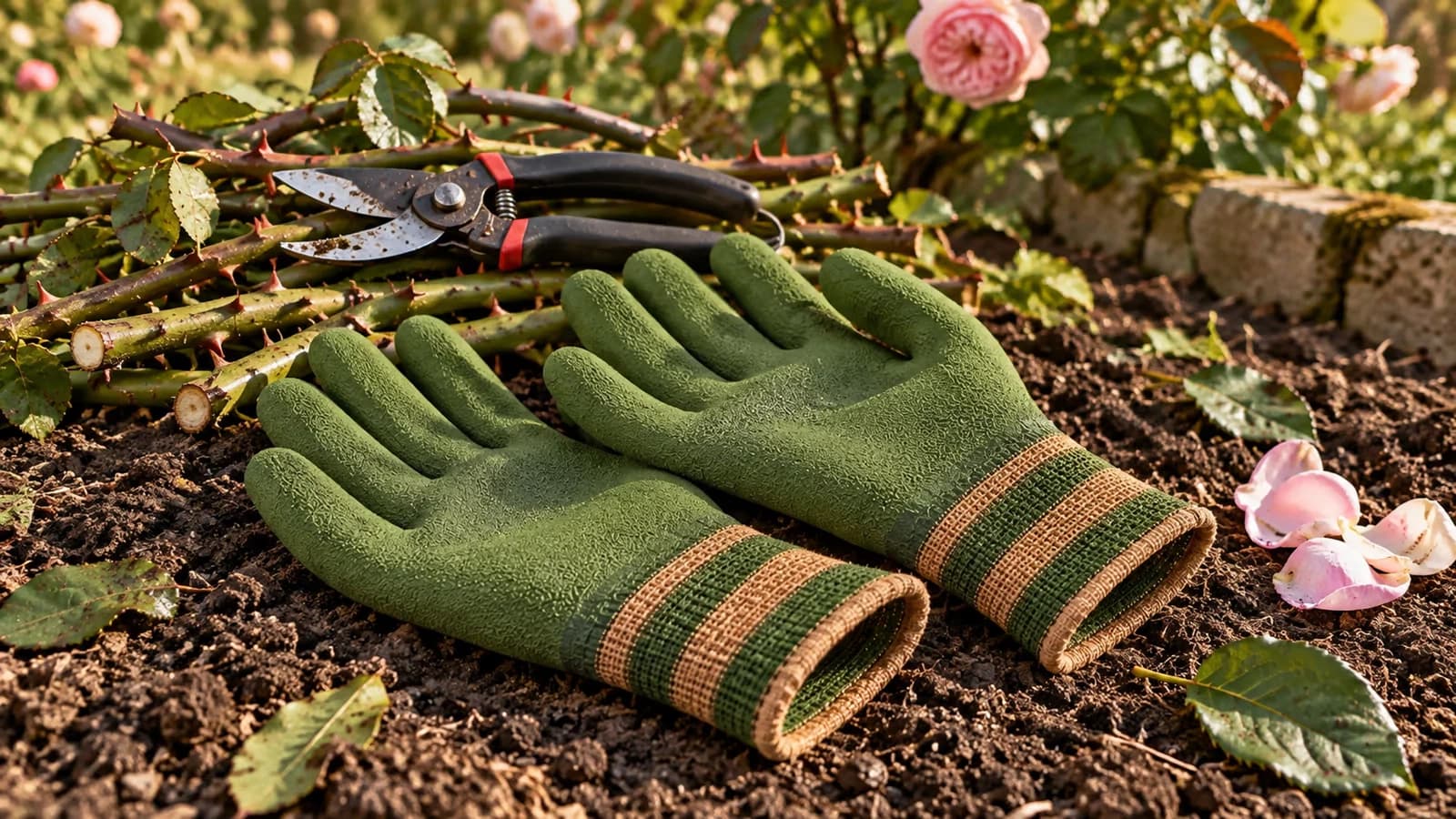 Sécateur posé sur des tiges de rosier fraîchement coupées, paire de gants verts à paume enduite posée à côté sur la terre