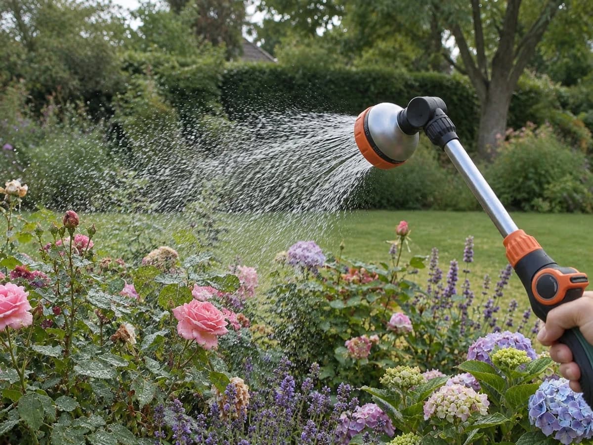 Pistolet d'arrosage en mode brume vaporisant un massif de fleurs vivaces au lever du jour