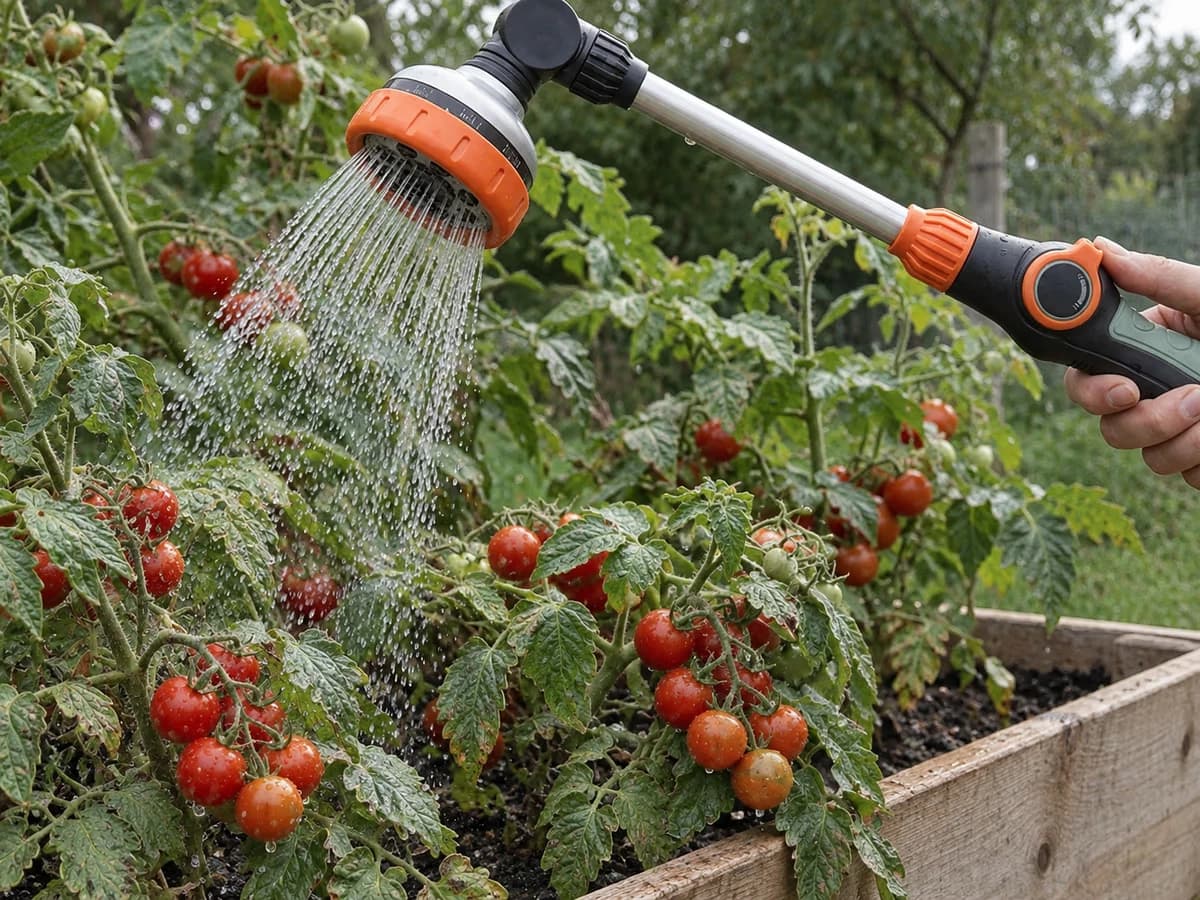 Mode douche du pistolet d'arrosage utilise sur une jardiniere de tomates cerises en fin de journee