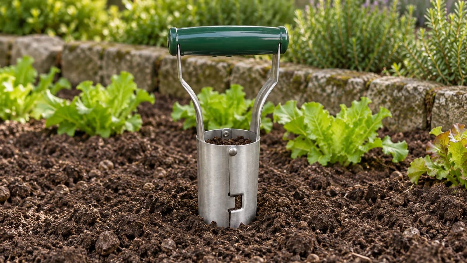Transplantoir à tube planté dans une planche ameublie, poignée verte en travers du fût, noyau de terre visible à l'intérieur