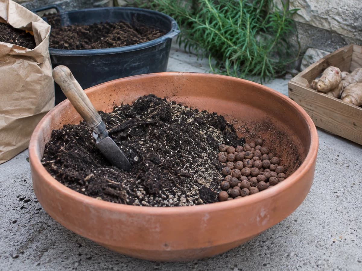 Pot en terre cuite large et peu profond, mélange terreau-compost-sable, billes d'argile et rhizomes de gingembre sur un plan de travail