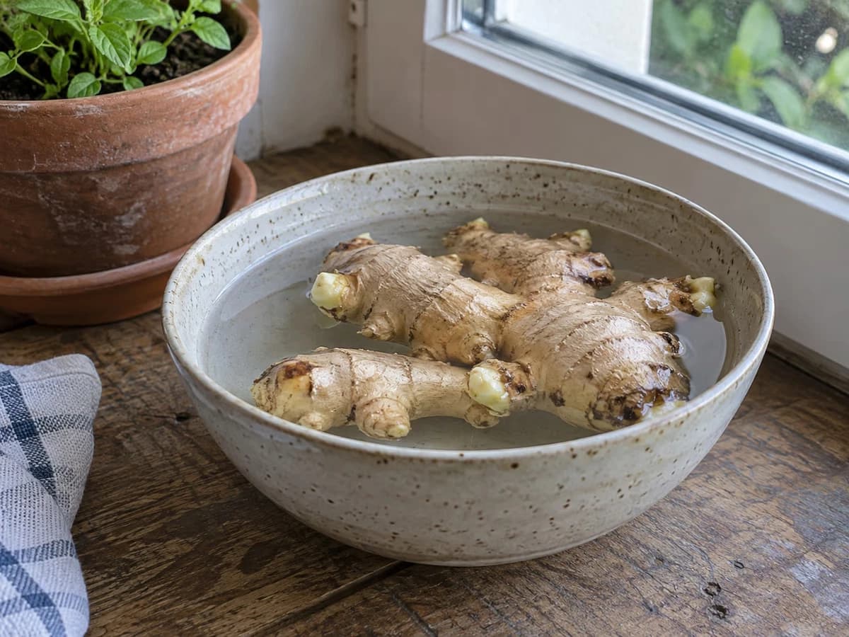 Rhizome de gingembre bio en pré-germination dans un bol d'eau tiède près d'une fenêtre