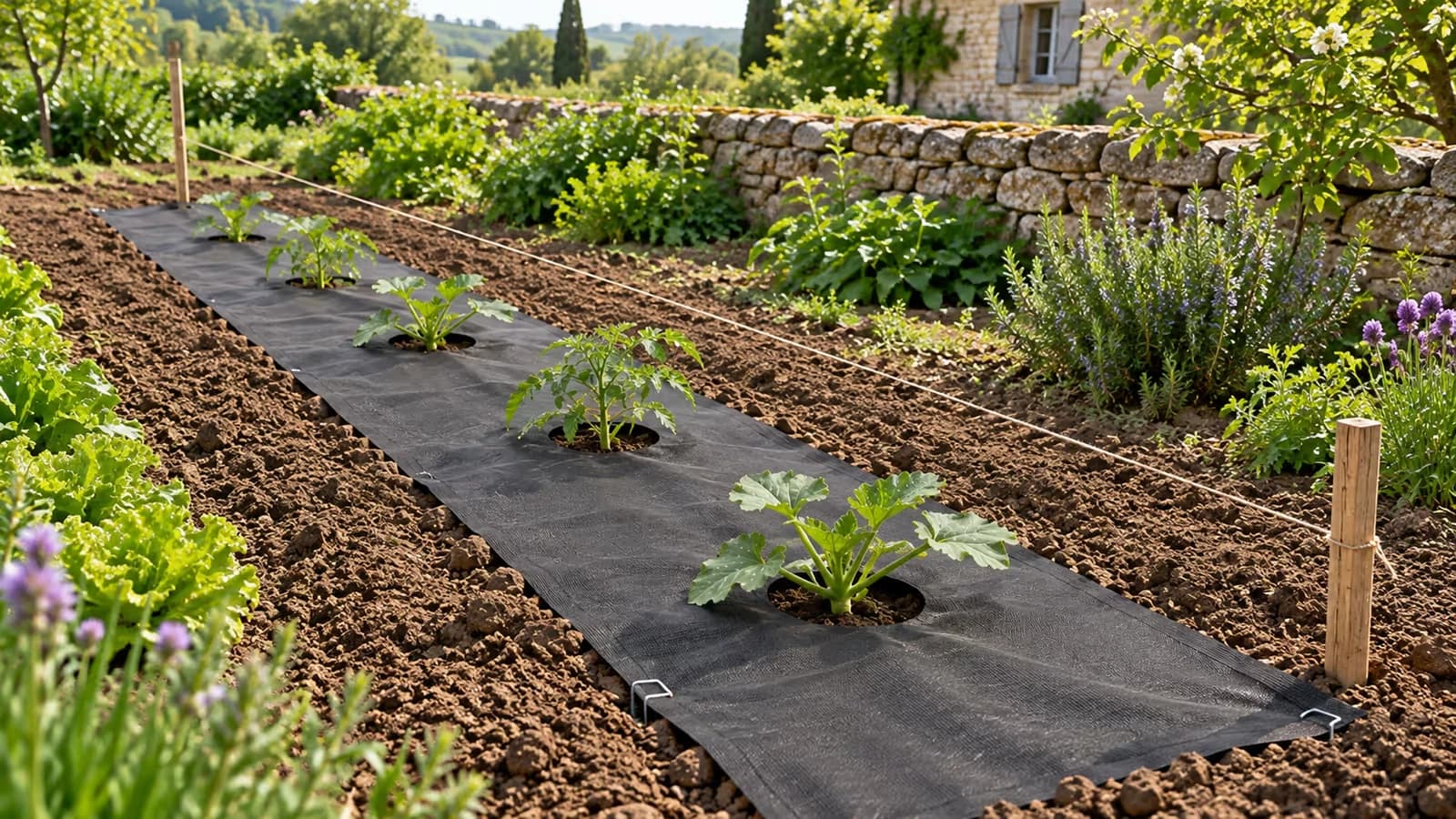 Toile de paillage perforée noire déroulée sur un rang de potager tracé au sol, trous alignés sur la ligne