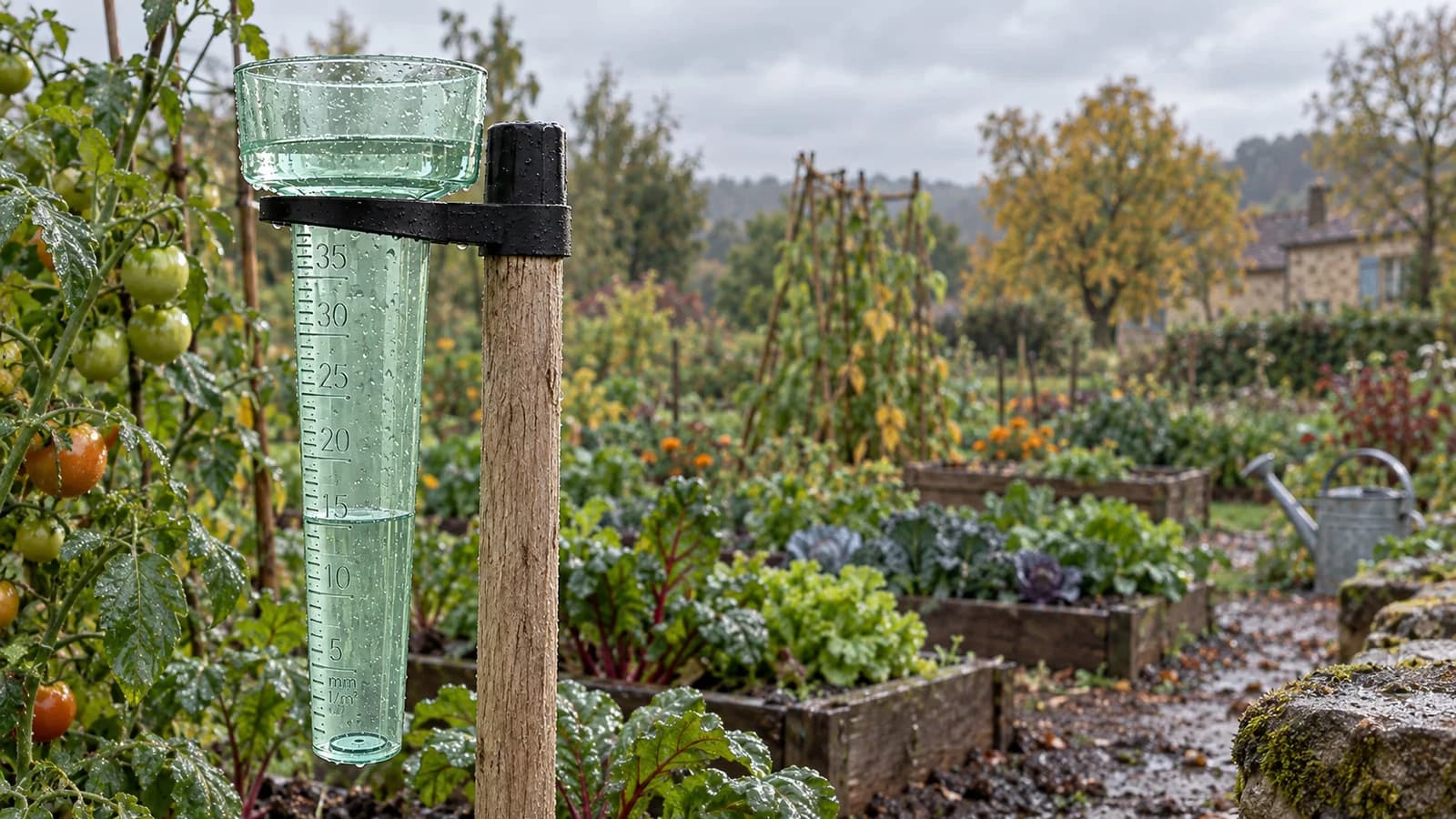 Pluviomètre à tube gradué monté sur son piquet au bord d'un carré de potager, eau de pluie accumulée dans le tube, ciel gris de fin septembre