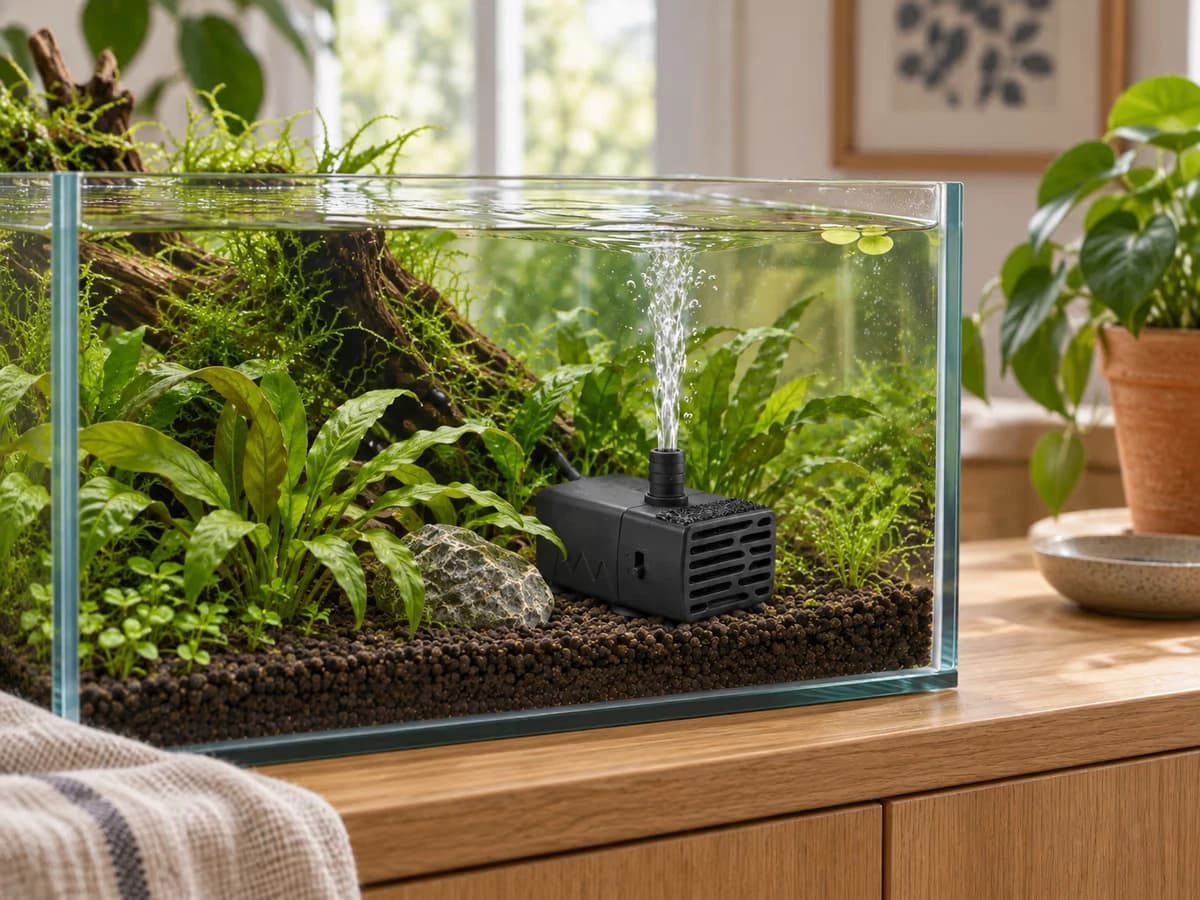 Nano aquarium planté posé sur un meuble en chêne clair, pompe de circulation noire immergée crachant un fin jet d'eau vers la surface