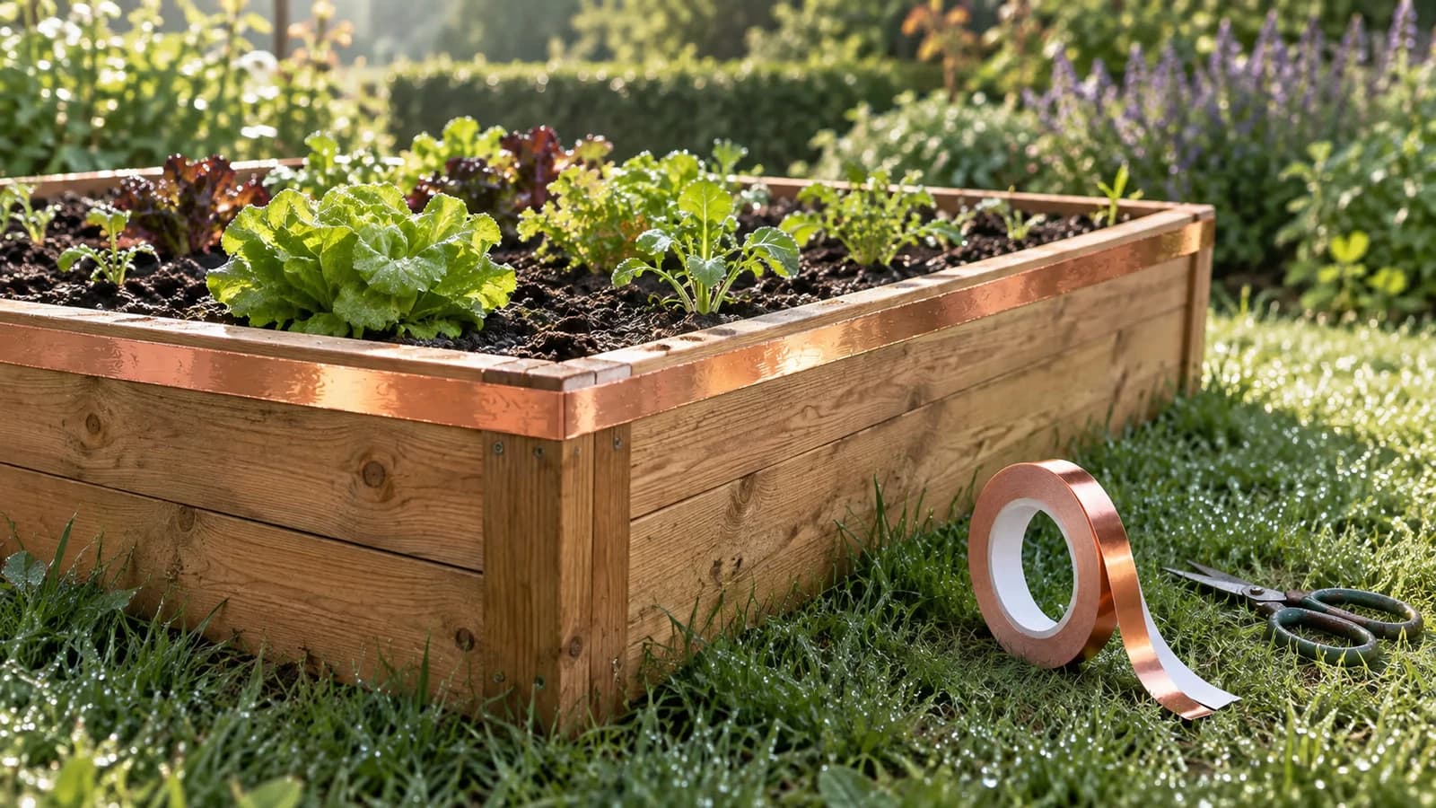 Ruban de cuivre adhésif collé tout autour du rebord d'un carré potager en bois, jeunes salades à l'intérieur, lumière du matin