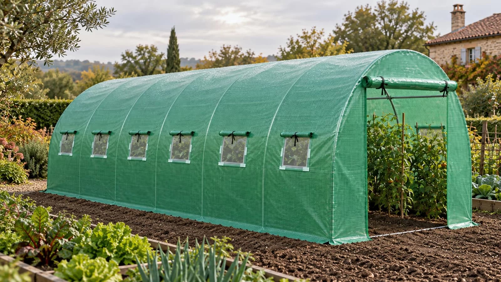 Housse de serre tunnel verte translucide posée sur ses arceaux dans un potager, faîte humide par une matinée sans vent