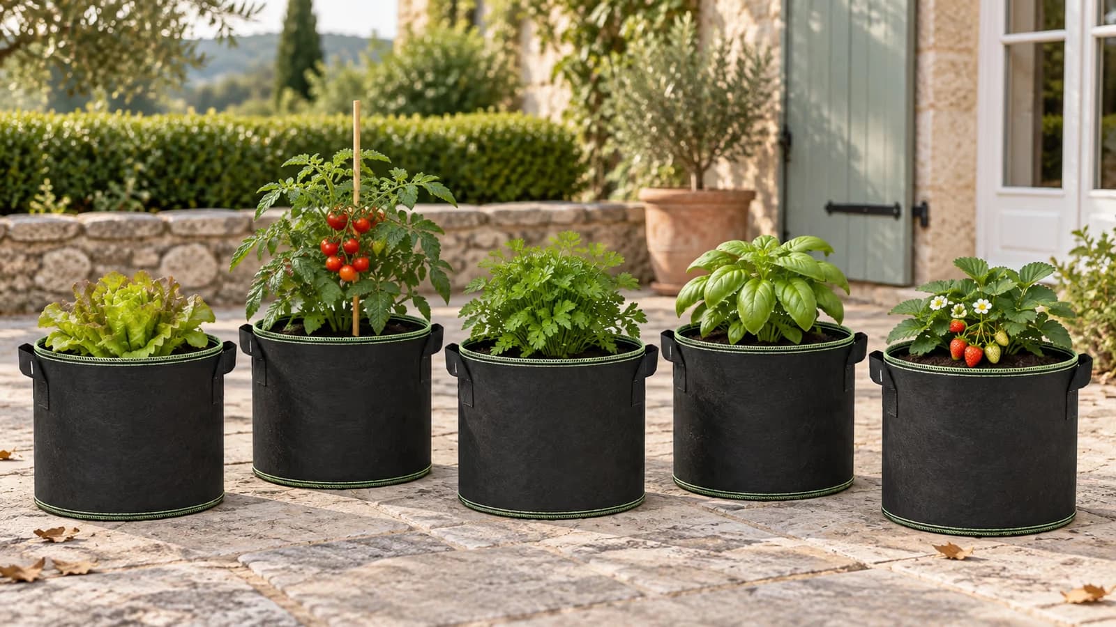 Cinq sacs de culture noirs alignés sur une terrasse en pierre claire, salades et tomates cerises en place