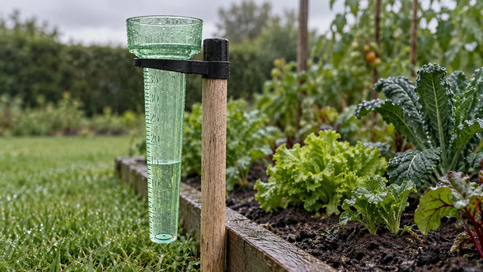 Pluviomètre de jardin sur son piquet au bord d'une planche de potager, paroi translucide couverte de gouttes, graduation lisible, lumière grise d'après averse