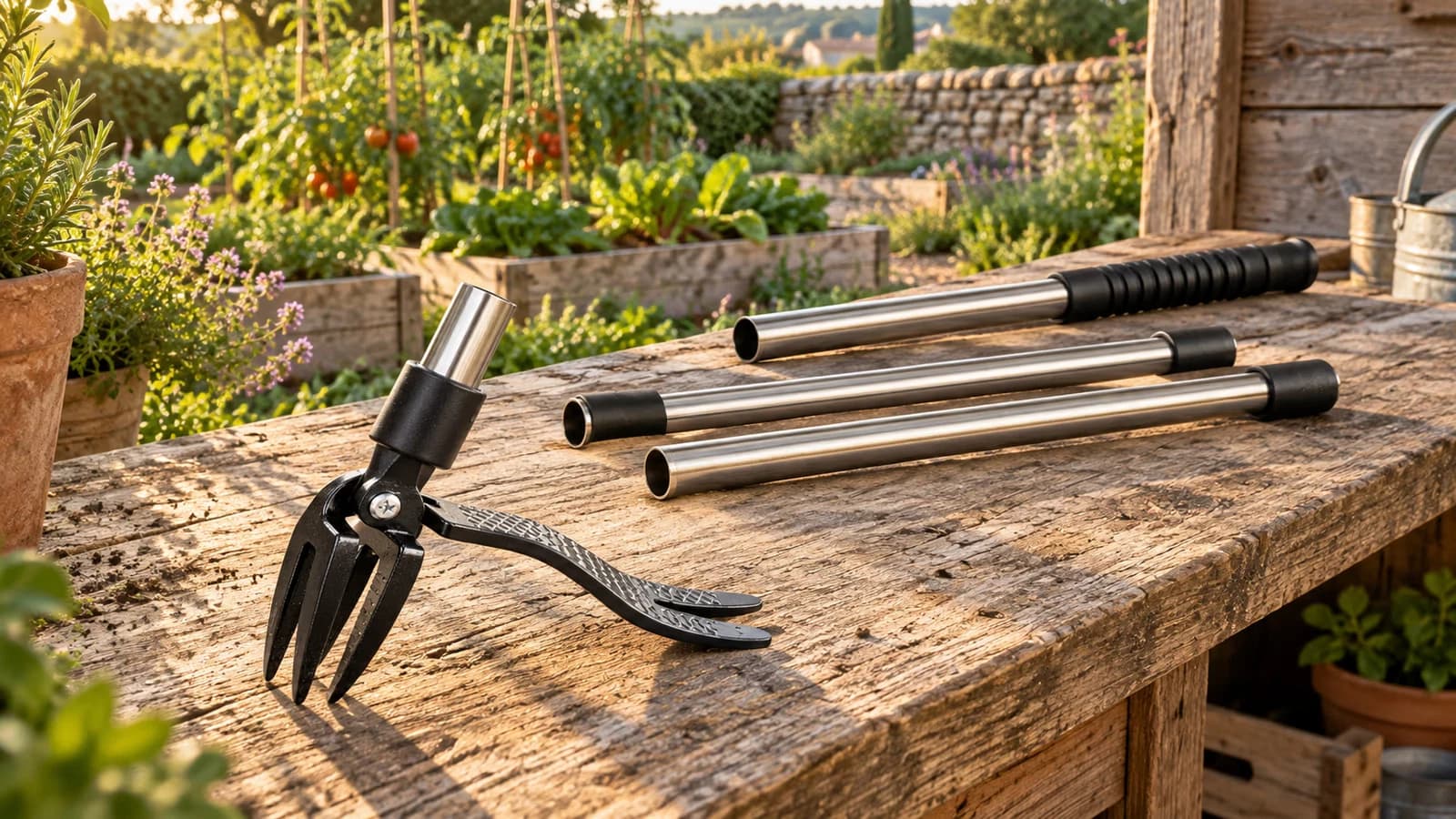 Désherbeur debout démonté en trois sections posées sur le rebord d'un abri de jardin, tête à pince au premier plan