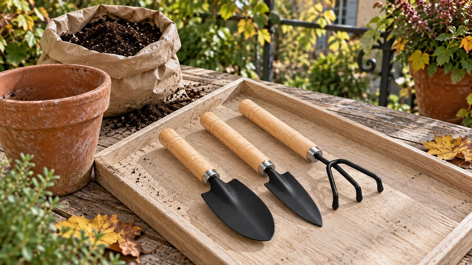 Mini kit de jardinage à main trois pièces posé sur un plateau de rempotage, à côté d'un pot en terre cuite et d'un sac de terreau ouvert