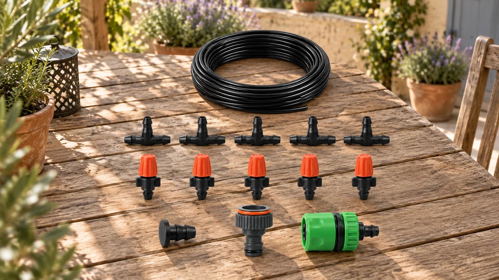 Composition d'un kit de brumisation de 5 m étalé sur une table de jardin avec ses buses et raccords
