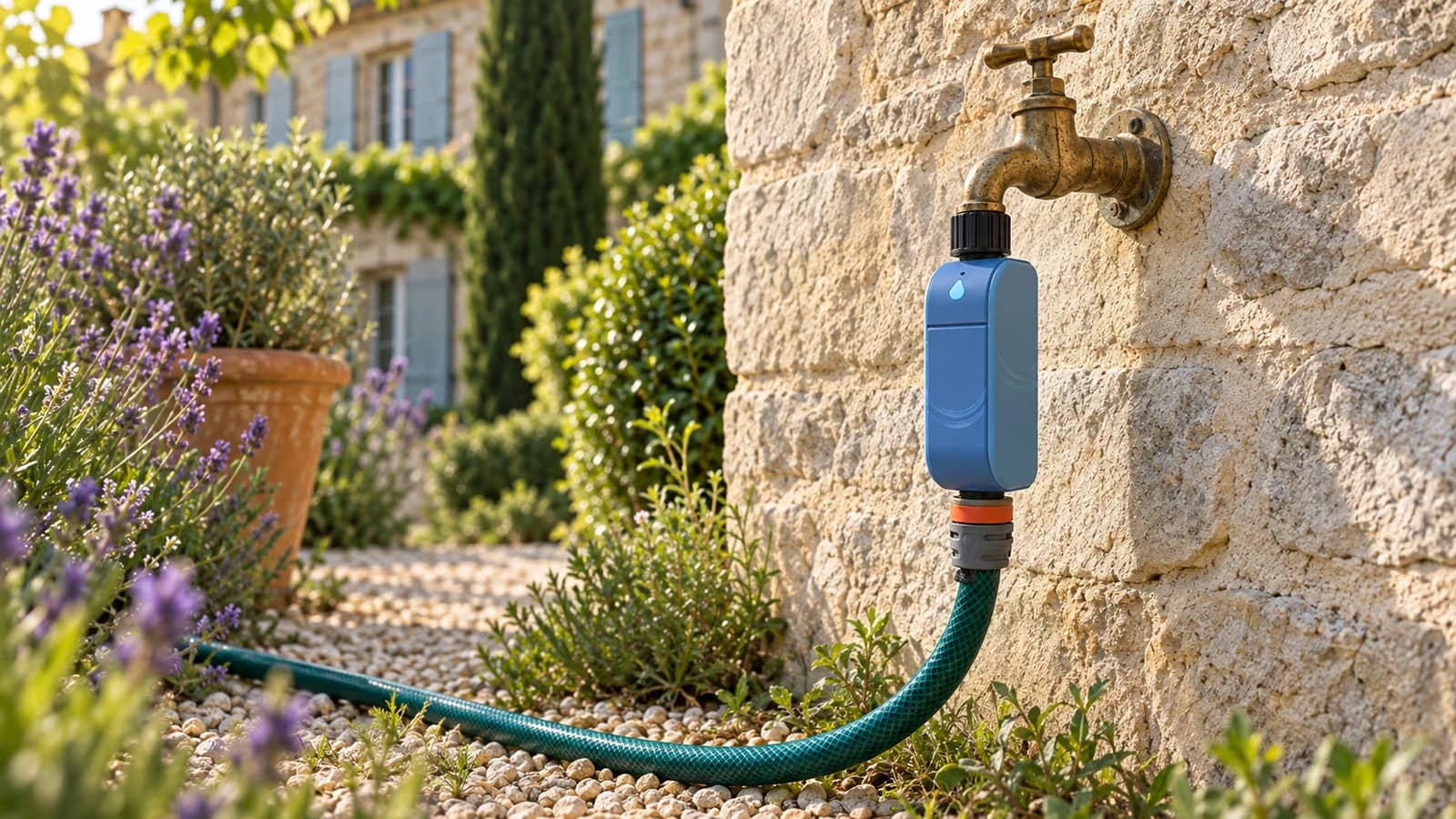 Programmateur d'arrosage connecté bleu vissé sur un robinet de façade, mur en pierre derrière, tuyau vert branché