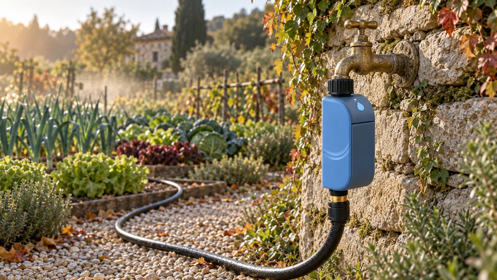 Programmateur d'arrosage connecté vissé sur un robinet de pierre, tuyau noir rejoignant un potager au petit matin
